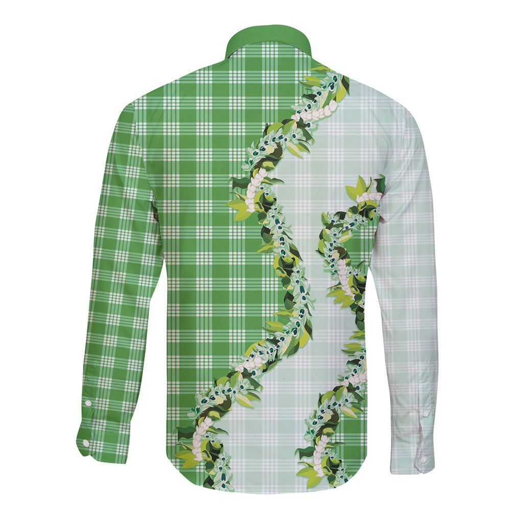Green Hawaii Palaka Long Sleeve Button Shirt Maile Pikake Honohono Orchid Lei