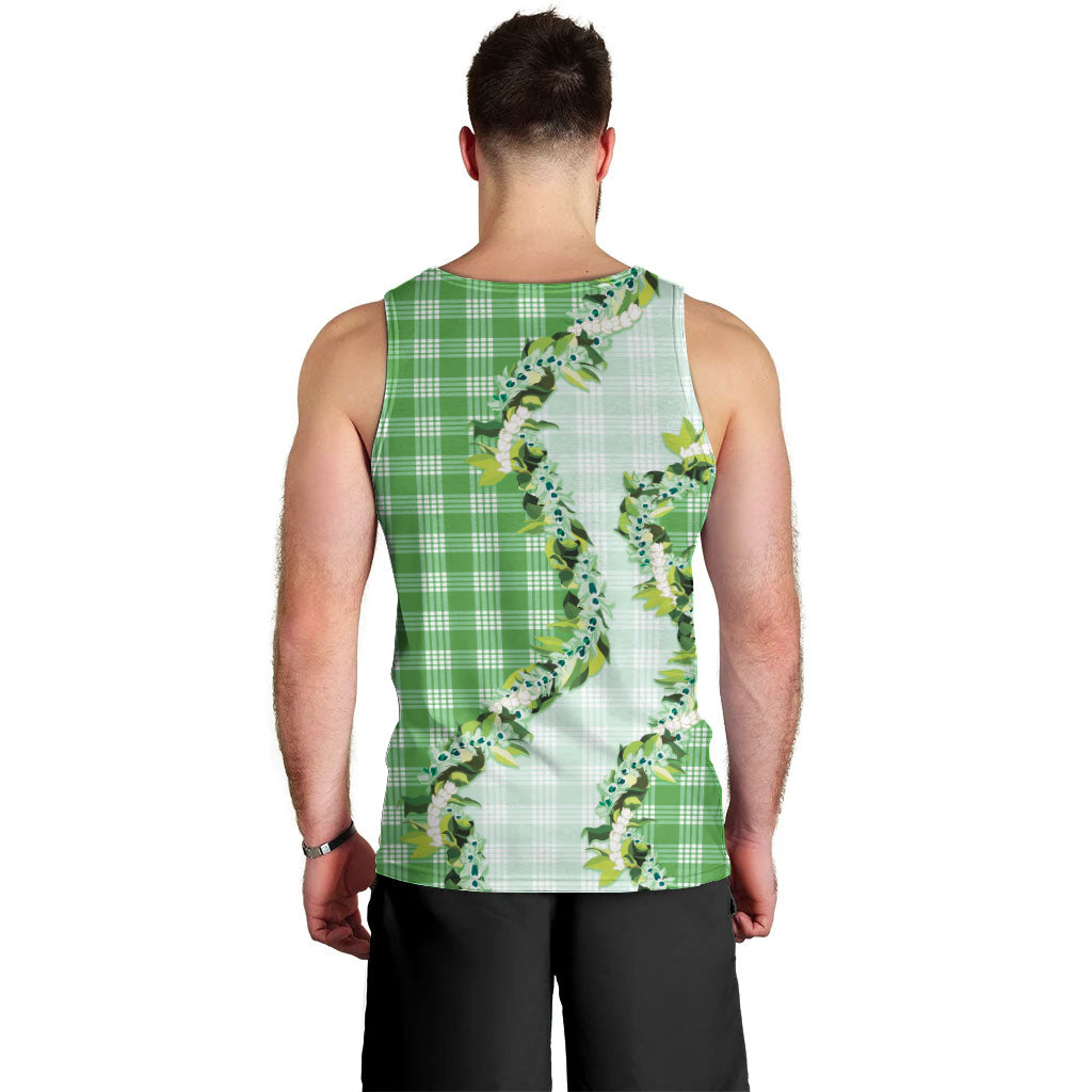 Green Hawaii Palaka Men Tank Top Maile Pikake Honohono Orchid Lei