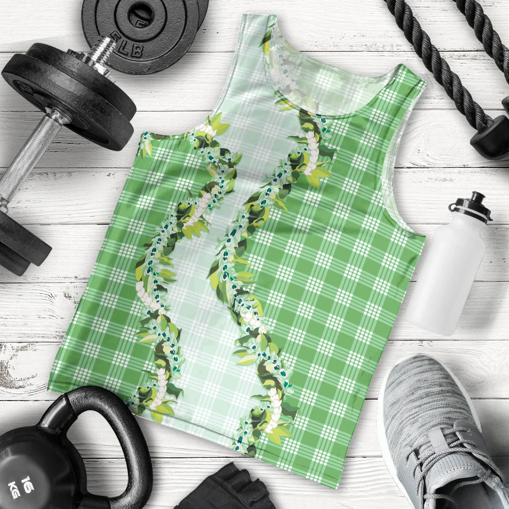 Green Hawaii Palaka Men Tank Top Maile Pikake Honohono Orchid Lei