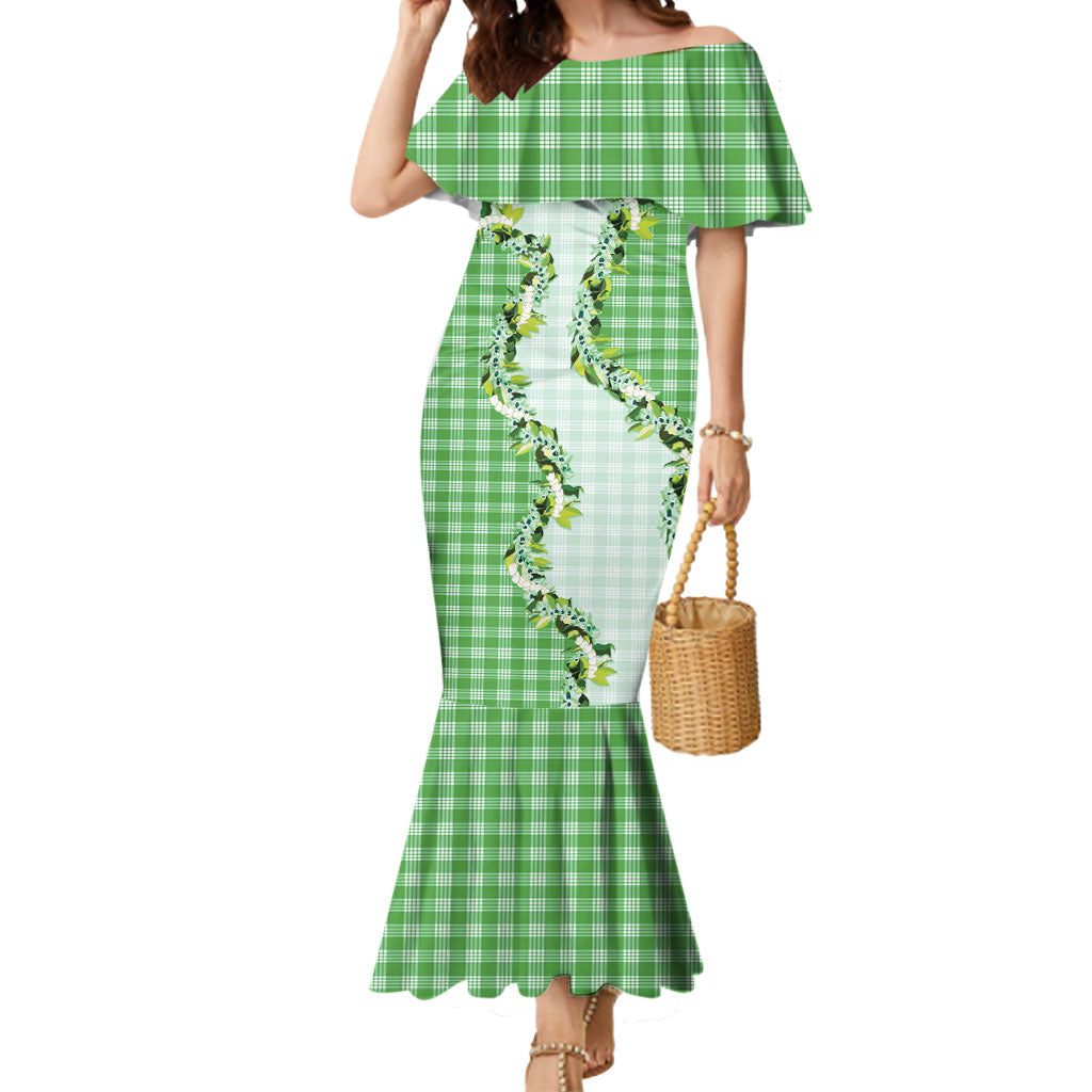 Green Hawaii Palaka Mermaid Dress Maile Pikake Honohono Orchid Lei