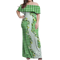 Green Hawaii Palaka Off Shoulder Maxi Dress Maile Pikake Honohono Orchid Lei