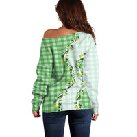 Green Hawaii Palaka Off Shoulder Sweater Maile Pikake Honohono Orchid Lei