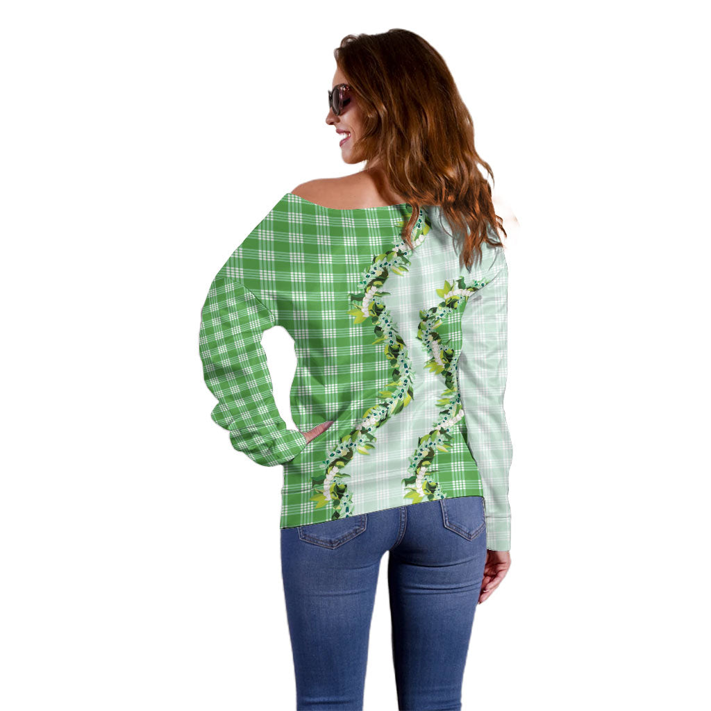 Green Hawaii Palaka Off Shoulder Sweater Maile Pikake Honohono Orchid Lei