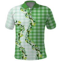 Green Hawaii Palaka Polo Shirt Maile Pikake Honohono Orchid Lei