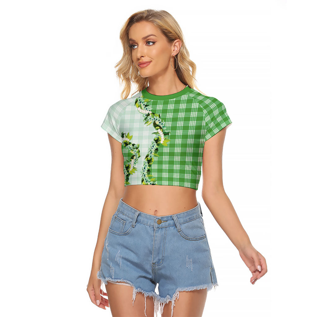 Green Hawaii Palaka Raglan Cropped T Shirt Maile Pikake Honohono Orchid Lei