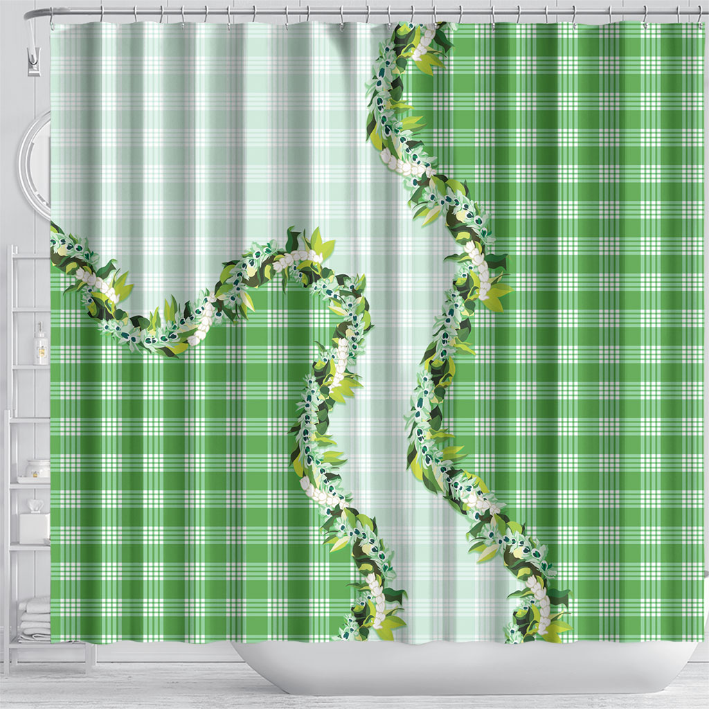 Green Hawaii Palaka Shower Curtain Maile Pikake Honohono Orchid Lei