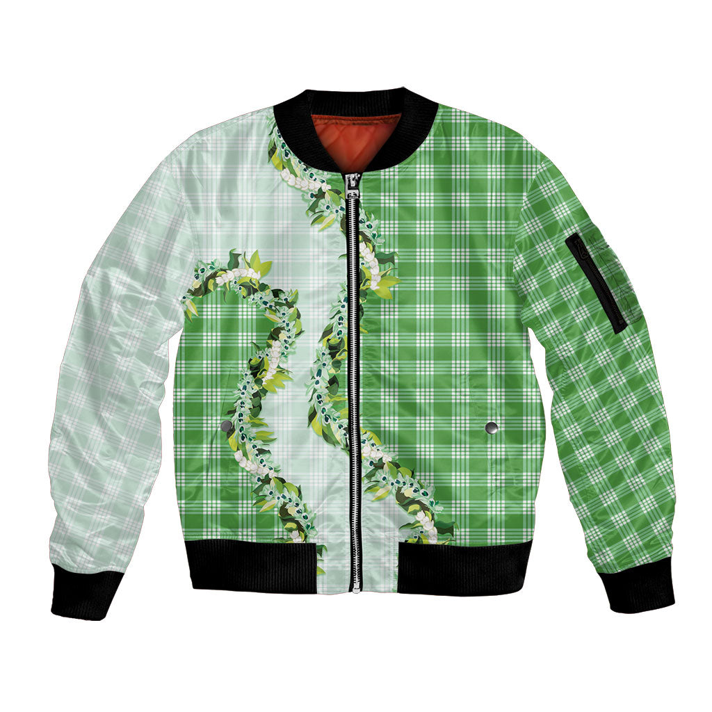 Green Hawaii Palaka Sleeve Zip Bomber Jacket Maile Pikake Honohono Orchid Lei