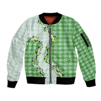 Green Hawaii Palaka Sleeve Zip Bomber Jacket Maile Pikake Honohono Orchid Lei