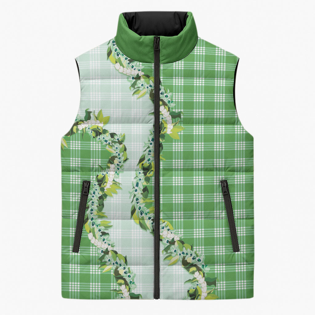 Green Hawaii Palaka Sleeveless Puffer Jacket Maile Pikake Honohono Orchid Lei LT05 Unisex Green - Polynesian Pride