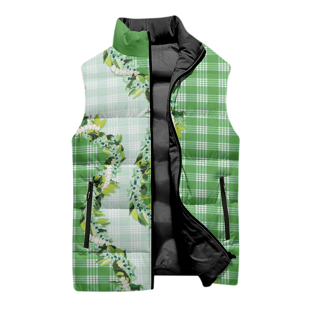 Green Hawaii Palaka Sleeveless Puffer Jacket Maile Pikake Honohono Orchid Lei