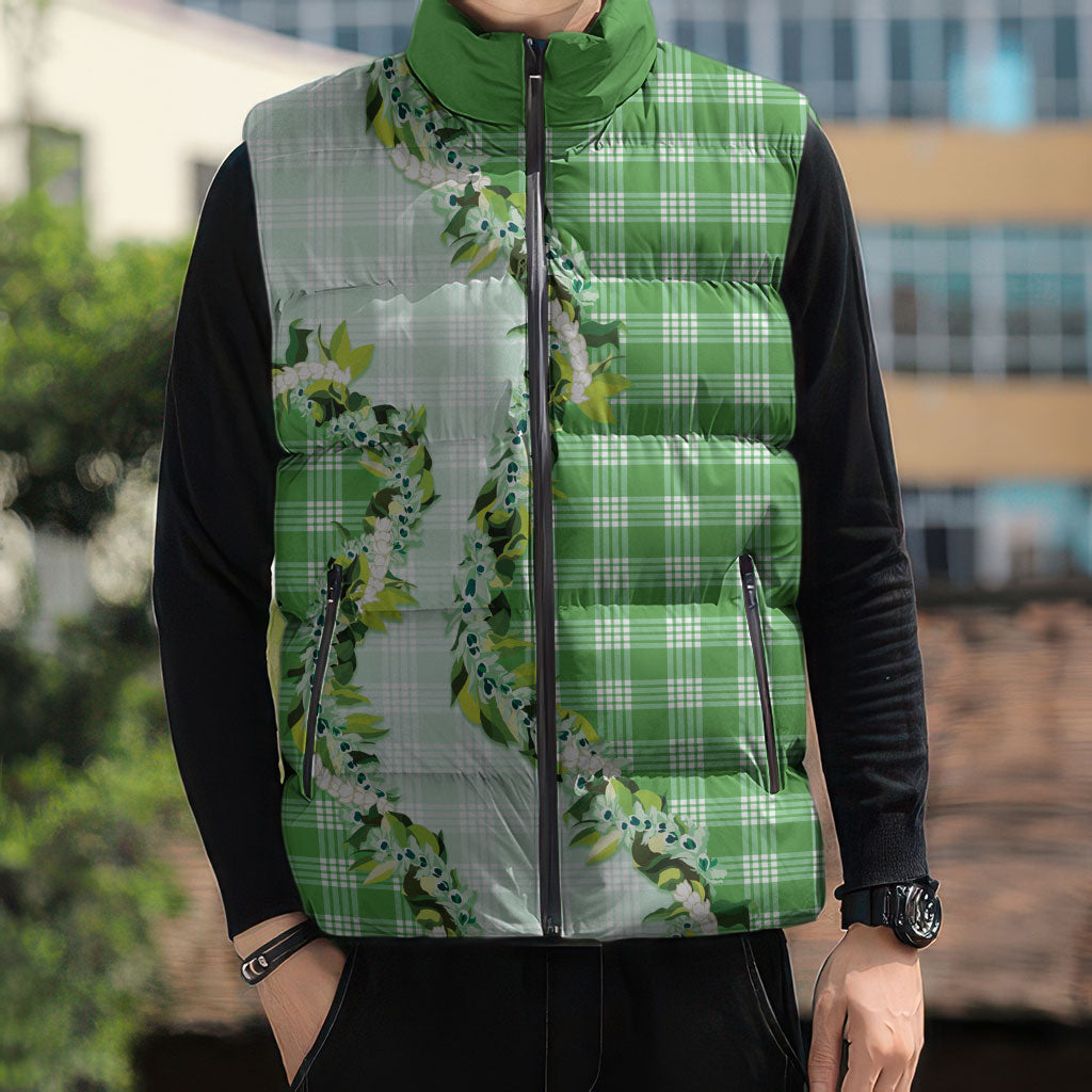 Green Hawaii Palaka Sleeveless Puffer Jacket Maile Pikake Honohono Orchid Lei