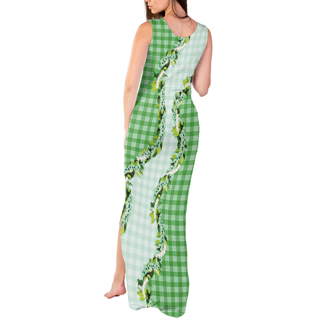 Green Hawaii Palaka Tank Maxi Dress Maile Pikake Honohono Orchid Lei