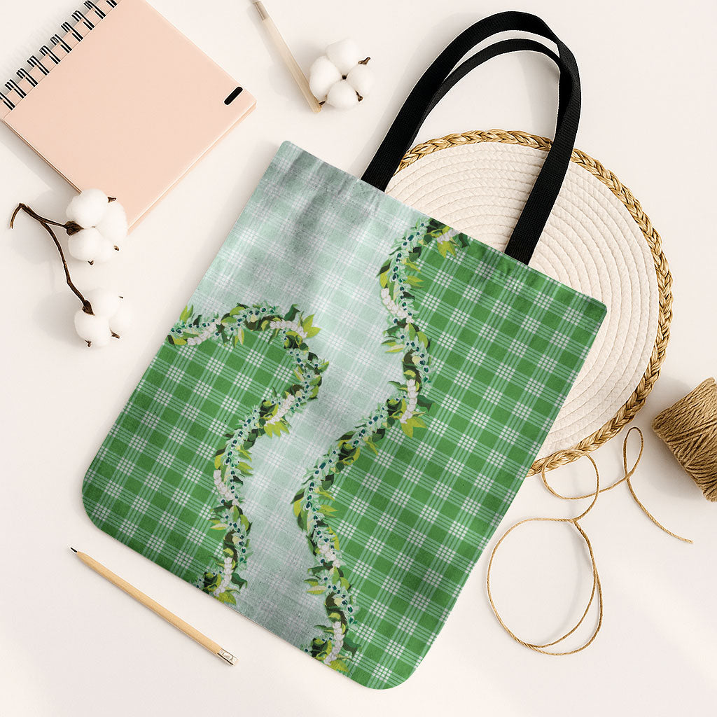 Green Hawaii Palaka Tote Bag Maile Pikake Honohono Orchid Lei