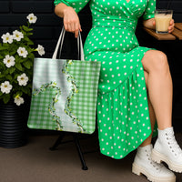 Green Hawaii Palaka Tote Bag Maile Pikake Honohono Orchid Lei