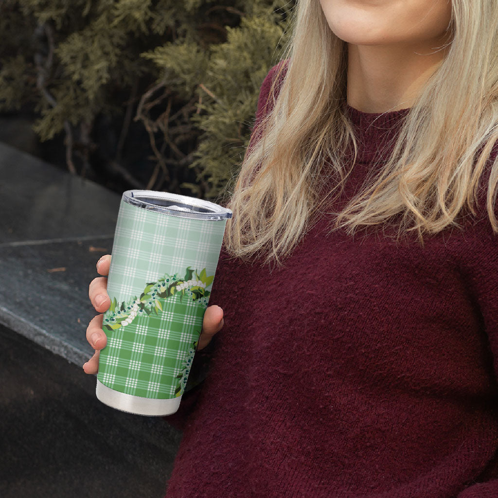 Green Hawaii Palaka Tumbler Cup Maile Pikake Honohono Orchid Lei