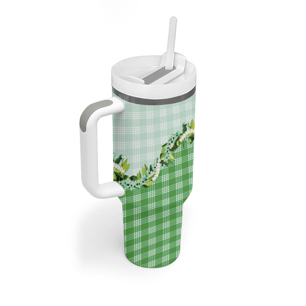 Green Hawaii Palaka Tumbler With Handle Maile Pikake Honohono Orchid Lei