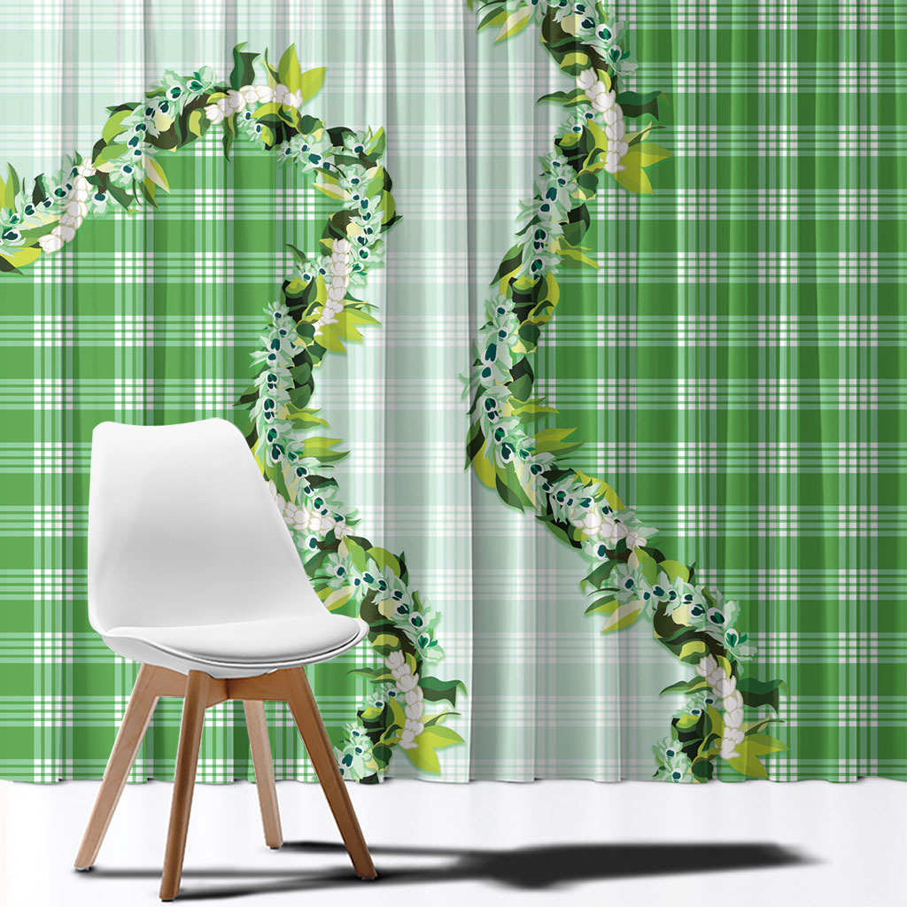 Green Hawaii Palaka Window Curtain Maile Pikake Honohono Orchid Lei