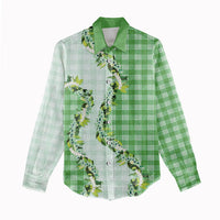 Green Hawaii Palaka Women Casual Shirt Maile Pikake Honohono Orchid Lei