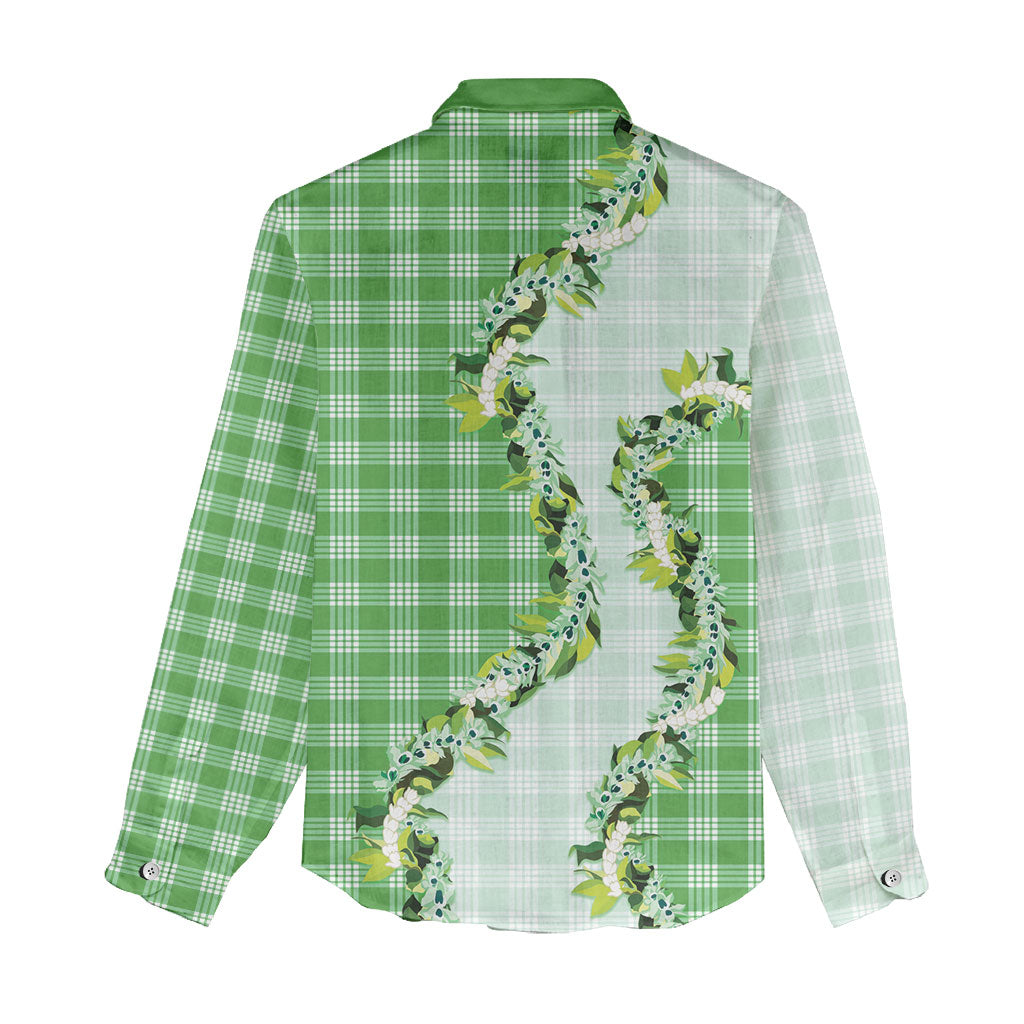 Green Hawaii Palaka Women Casual Shirt Maile Pikake Honohono Orchid Lei
