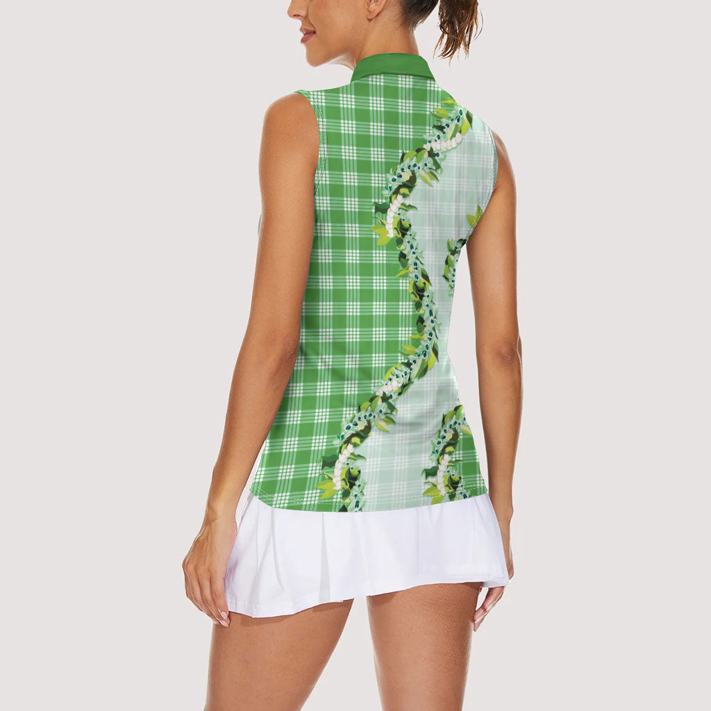 Green Hawaii Palaka Women Sleeveless Polo Shirt Maile Pikake Honohono Orchid Lei