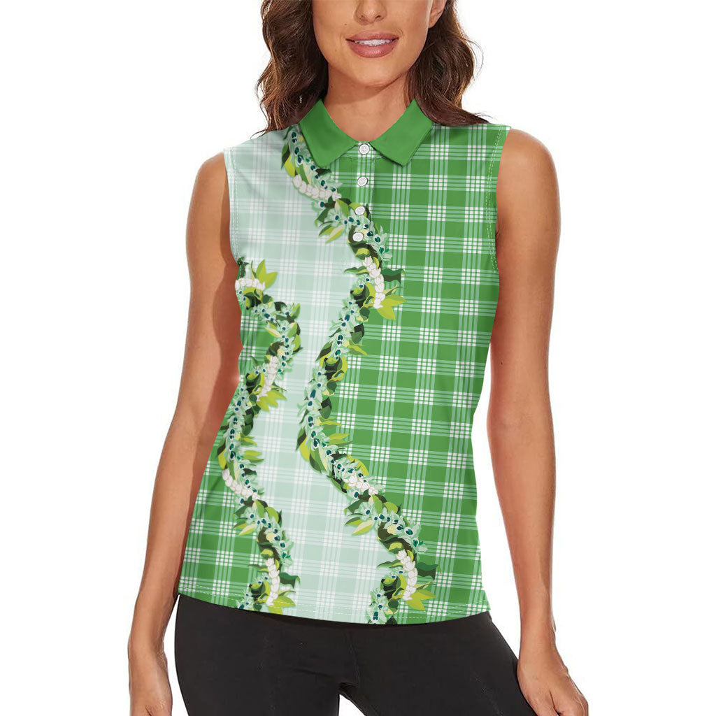 Green Hawaii Palaka Women Sleeveless Polo Shirt Maile Pikake Honohono Orchid Lei