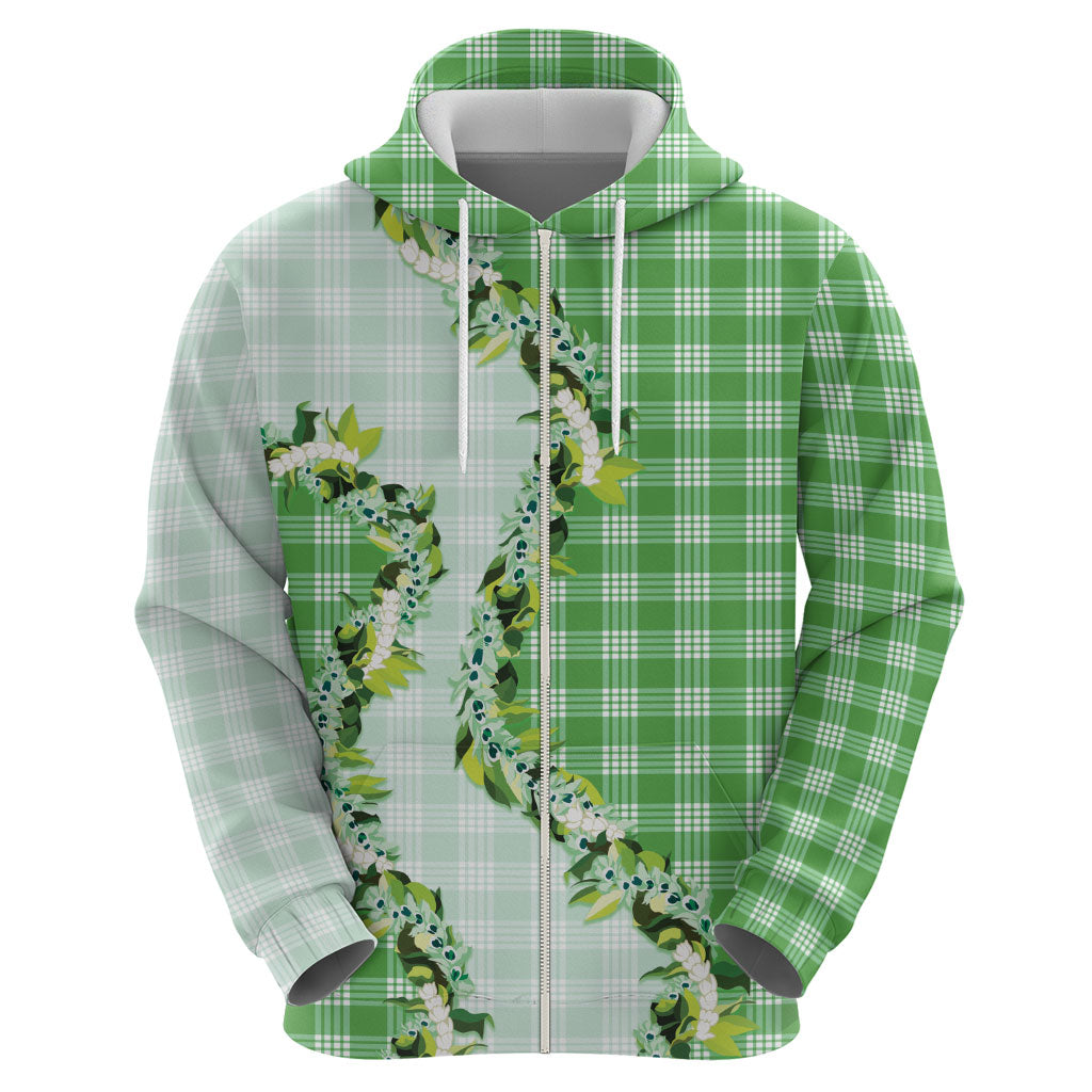 Green Hawaii Palaka Zip Hoodie Maile Pikake Honohono Orchid Lei