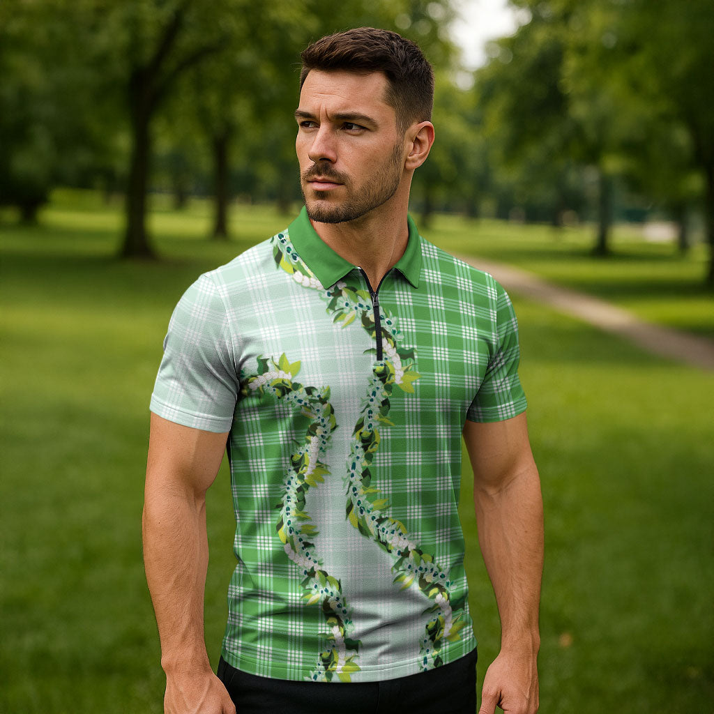 Green Hawaii Palaka Zipper Polo Shirt Maile Pikake Honohono Orchid Lei
