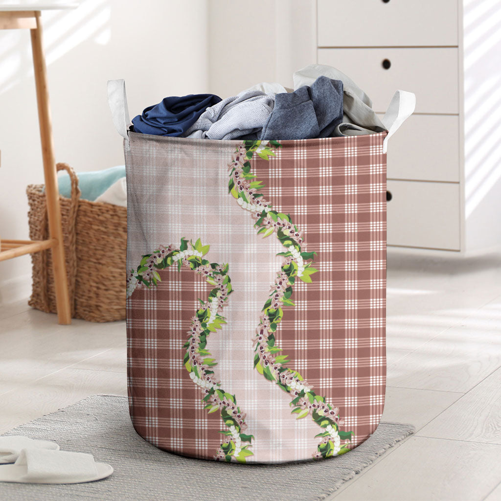 Mocha Hawaii Palaka Laundry Basket Maile Pikake Honohono Orchid Lei