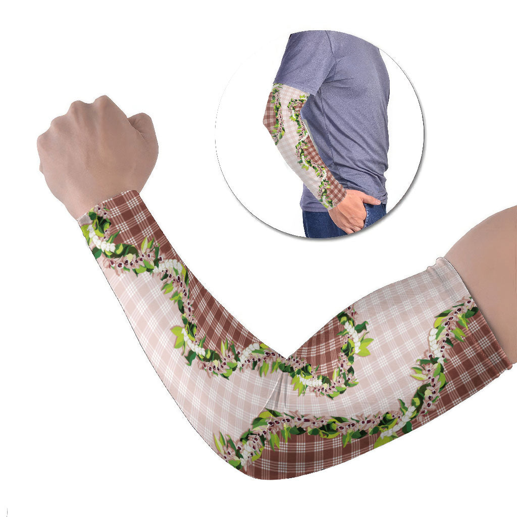 Mocha Hawaii Palaka Arm Sleeves Maile Pikake Honohono Orchid Lei