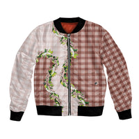 Mocha Hawaii Palaka Bomber Jacket Maile Pikake Honohono Orchid Lei