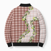 Mocha Hawaii Palaka Bomber Puffer Jacket Maile Pikake Honohono Orchid Lei