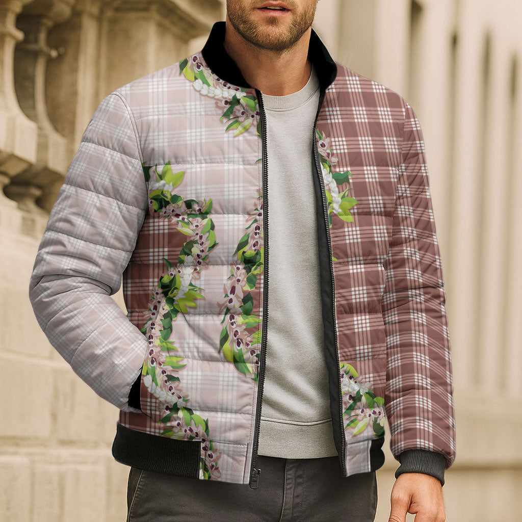 Mocha Hawaii Palaka Bomber Puffer Jacket Maile Pikake Honohono Orchid Lei