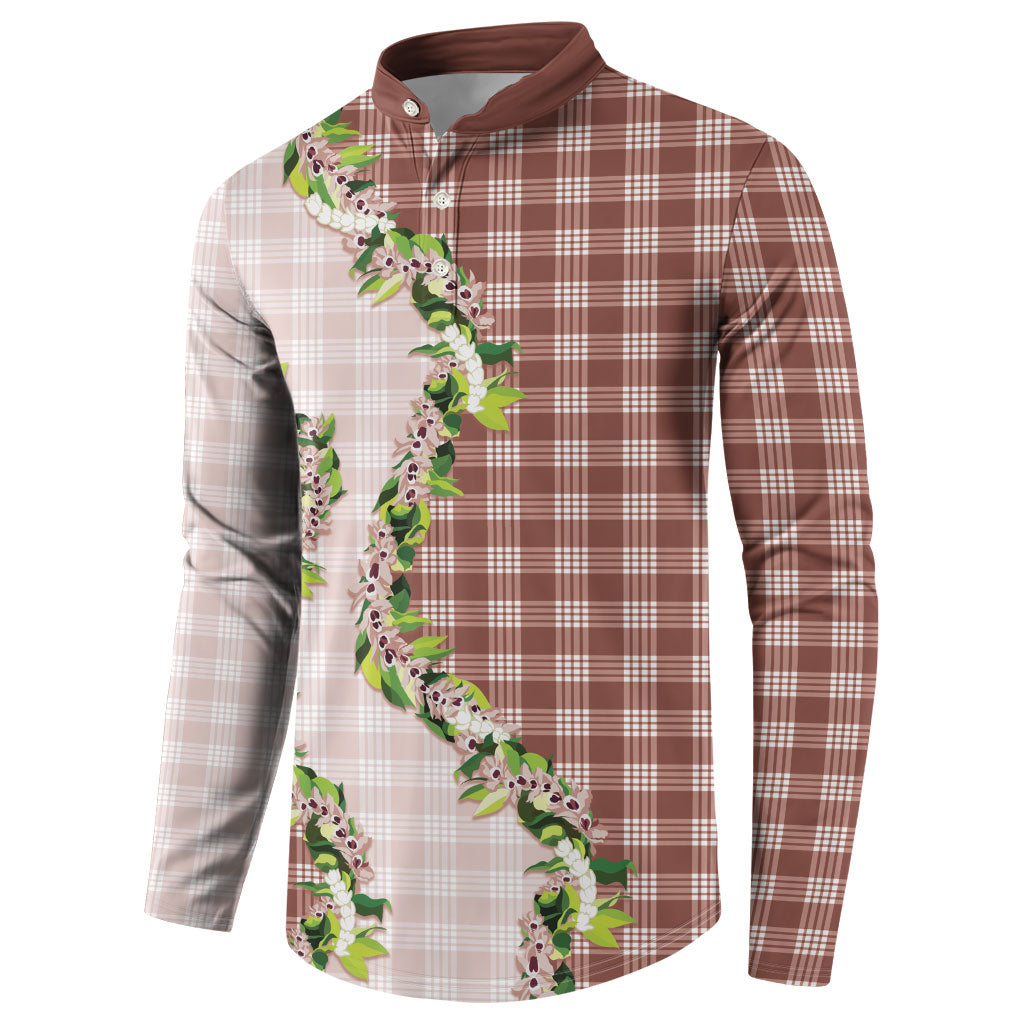 Mocha Hawaii Palaka Button Sweatshirt Maile Pikake Honohono Orchid Lei