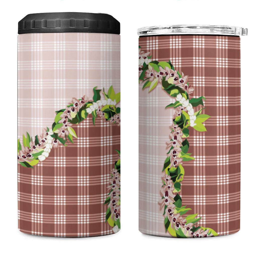 Mocha Hawaii Palaka 4 in 1 Can Cooler Tumbler Maile Pikake Honohono Orchid Lei