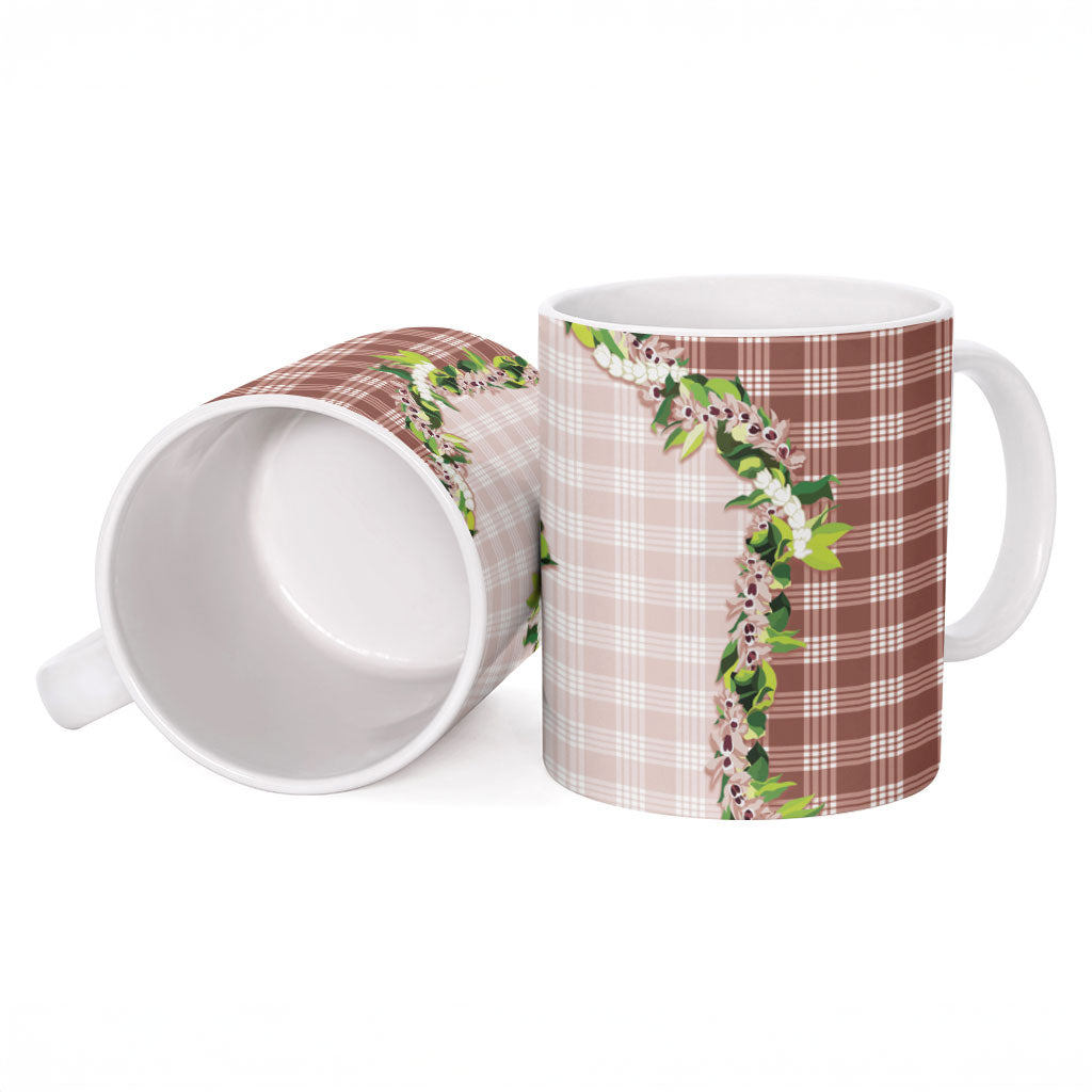 Mocha Hawaii Palaka Ceramic Mug Maile Pikake Honohono Orchid Lei