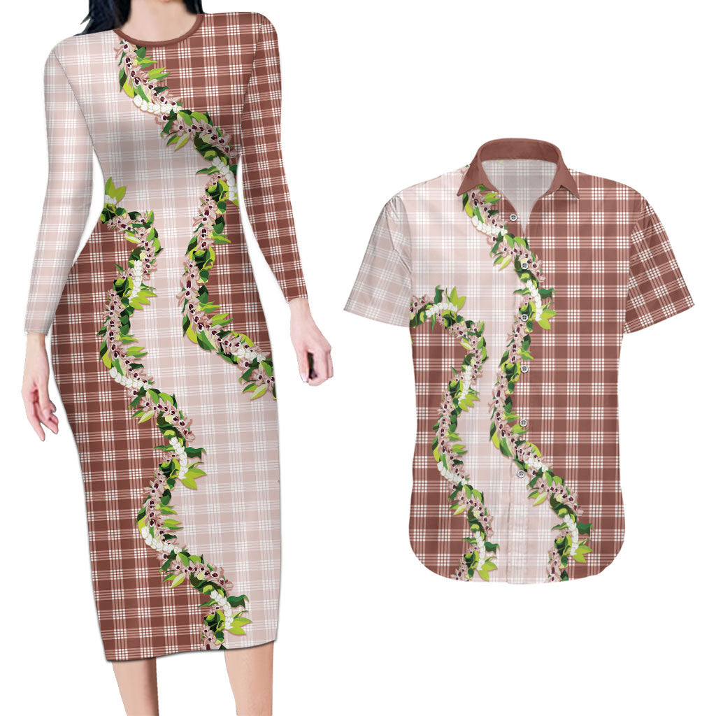 Mocha Hawaii Palaka Couples Matching Long Sleeve Bodycon Dress and Hawaiian Shirt Maile Pikake Honohono Orchid Lei