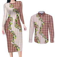 Mocha Hawaii Palaka Couples Matching Long Sleeve Bodycon Dress and Long Sleeve Button Shirt Maile Pikake Honohono Orchid Lei