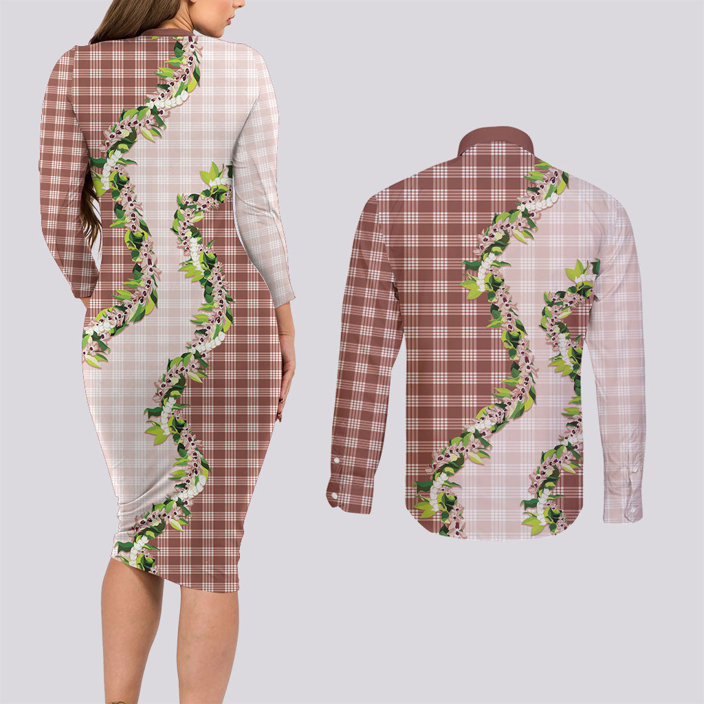 Mocha Hawaii Palaka Couples Matching Long Sleeve Bodycon Dress and Long Sleeve Button Shirt Maile Pikake Honohono Orchid Lei
