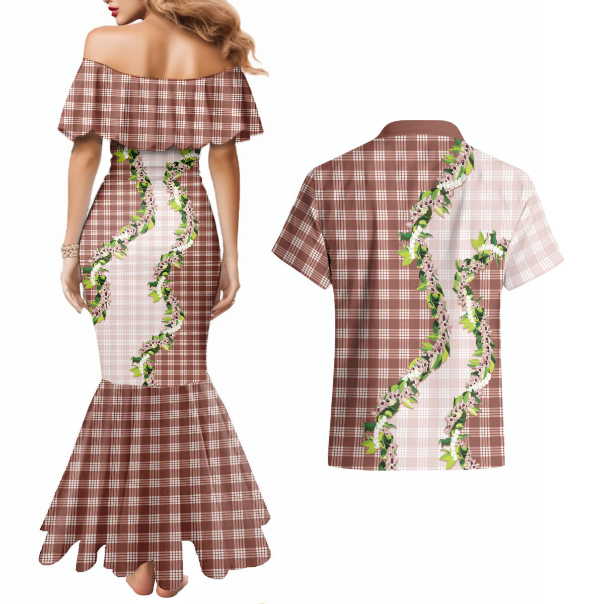 Mocha Hawaii Palaka Couples Matching Mermaid Dress and Hawaiian Shirt Maile Pikake Honohono Orchid Lei