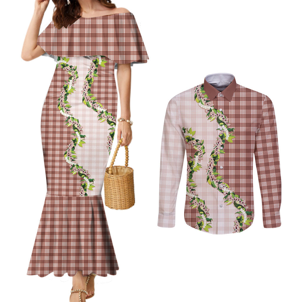 Mocha Hawaii Palaka Couples Matching Mermaid Dress and Long Sleeve Button Shirt Maile Pikake Honohono Orchid Lei