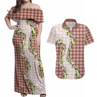 Mocha Hawaii Palaka Couples Matching Off Shoulder Maxi Dress and Hawaiian Shirt Maile Pikake Honohono Orchid Lei