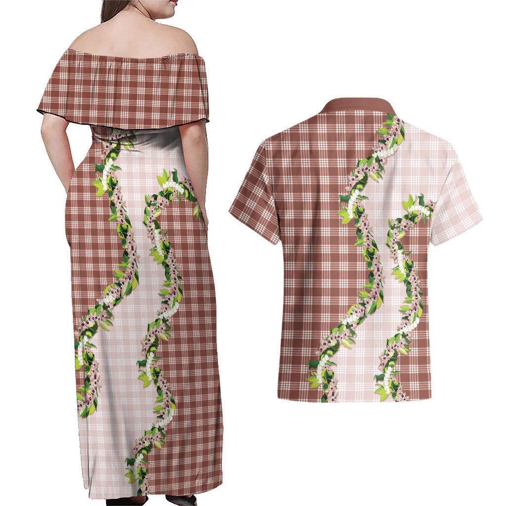 Mocha Hawaii Palaka Couples Matching Off Shoulder Maxi Dress and Hawaiian Shirt Maile Pikake Honohono Orchid Lei
