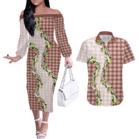 Mocha Hawaii Palaka Couples Matching Off The Shoulder Long Sleeve Dress and Hawaiian Shirt Maile Pikake Honohono Orchid Lei