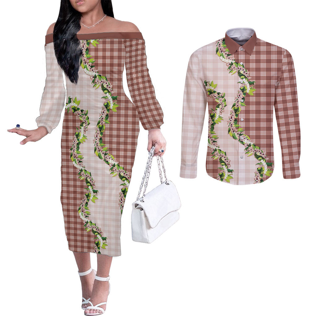 Mocha Hawaii Palaka Couples Matching Off The Shoulder Long Sleeve Dress and Long Sleeve Button Shirt Maile Pikake Honohono Orchid Lei