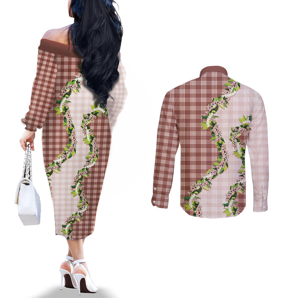 Mocha Hawaii Palaka Couples Matching Off The Shoulder Long Sleeve Dress and Long Sleeve Button Shirt Maile Pikake Honohono Orchid Lei