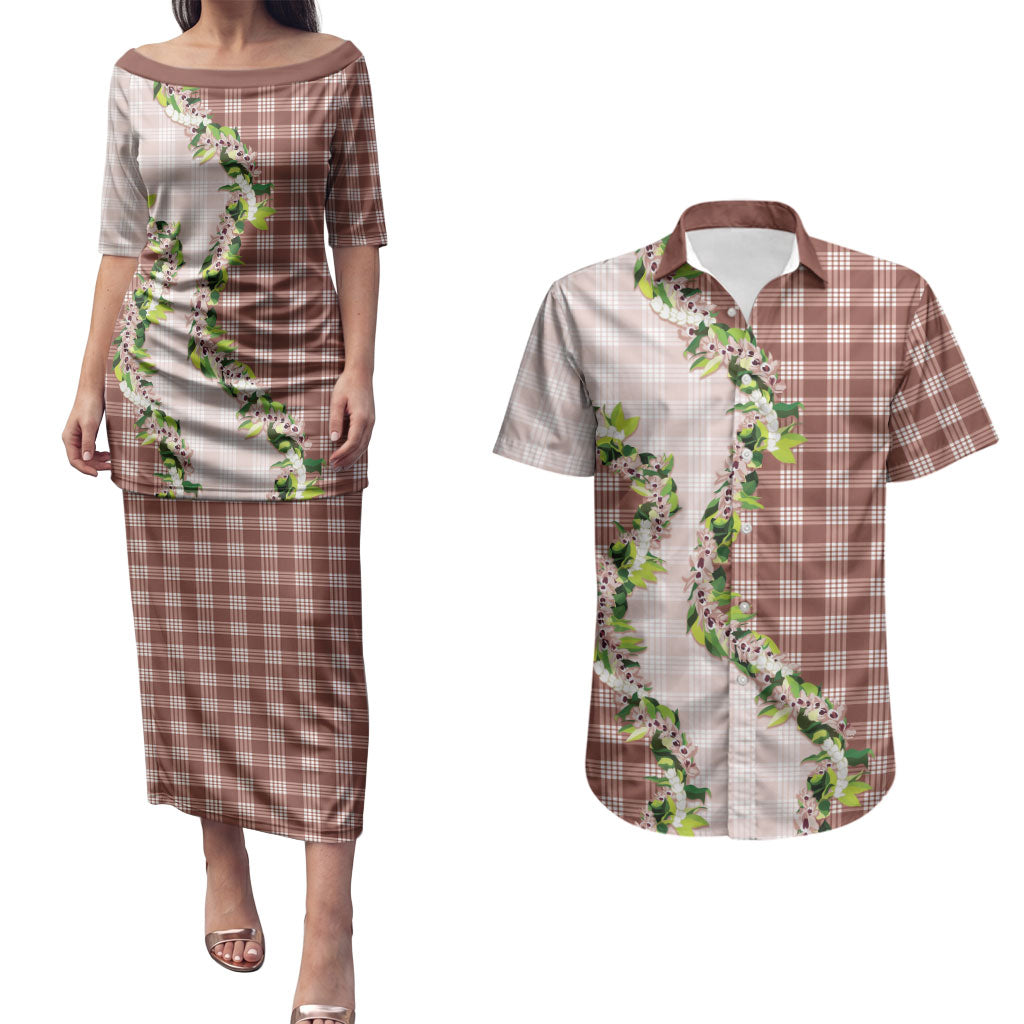 Mocha Hawaii Palaka Couples Matching Puletasi and Hawaiian Shirt Maile Pikake Honohono Orchid Lei LT05 Mocha - Polynesian Pride