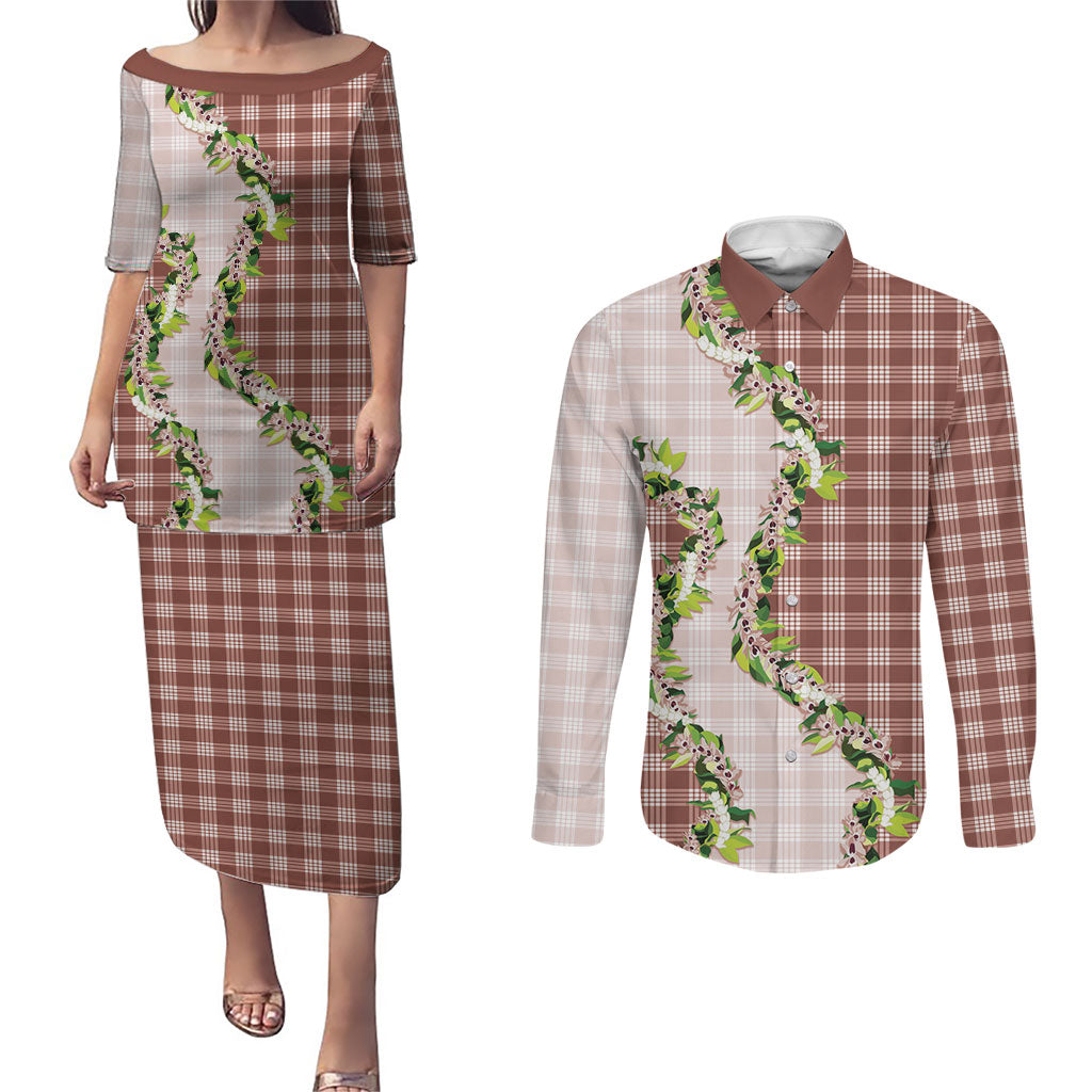 Mocha Hawaii Palaka Couples Matching Puletasi and Long Sleeve Button Shirt Maile Pikake Honohono Orchid Lei LT05 Mocha - Polynesian Pride