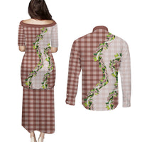 Mocha Hawaii Palaka Couples Matching Puletasi and Long Sleeve Button Shirt Maile Pikake Honohono Orchid Lei