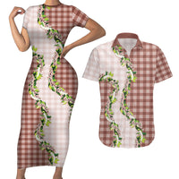 Mocha Hawaii Palaka Couples Matching Short Sleeve Bodycon Dress and Hawaiian Shirt Maile Pikake Honohono Orchid Lei