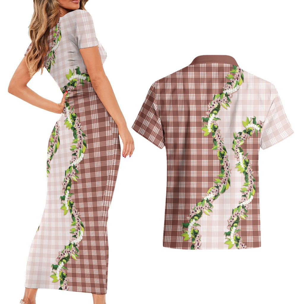 Mocha Hawaii Palaka Couples Matching Short Sleeve Bodycon Dress and Hawaiian Shirt Maile Pikake Honohono Orchid Lei